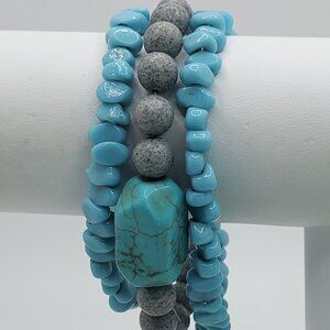 Boho Southwestern 3 Strand Turquoise Tone Glass Stone Beaded Toggle Bracelet